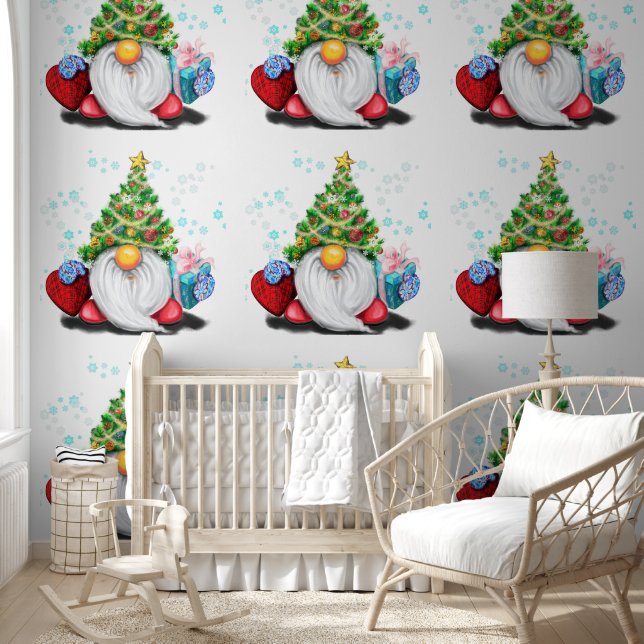 Cute Gnome with Christmas Tree Hat and Gift Wallpaper (Kids)