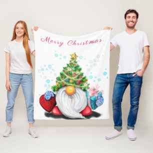 Cute Gnome with Christmas Tree Hat Fleece Blanket