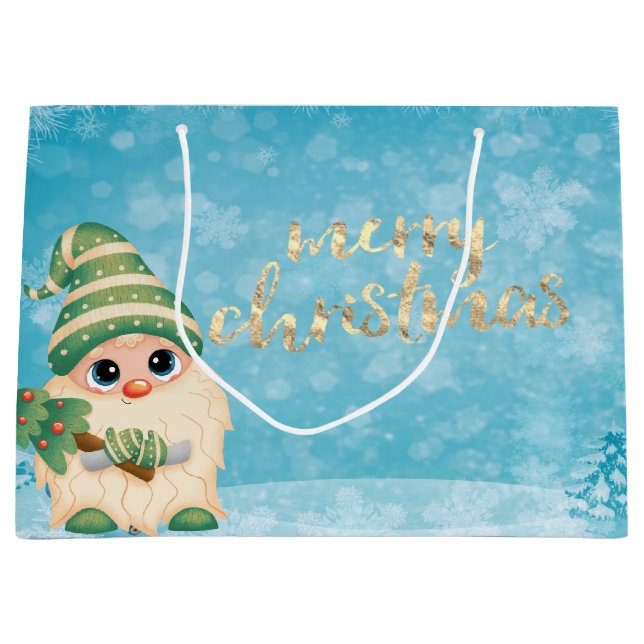 Cute Gnome With Pine Tree Holiday Large Gift Bag (Front)