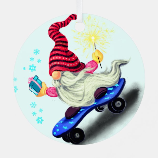 Cute Gnome with Skateboard Christmas Ornaments (Back)