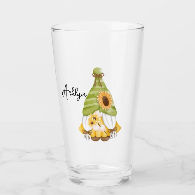Cute Gnome with Sunflowers Glass (Front)