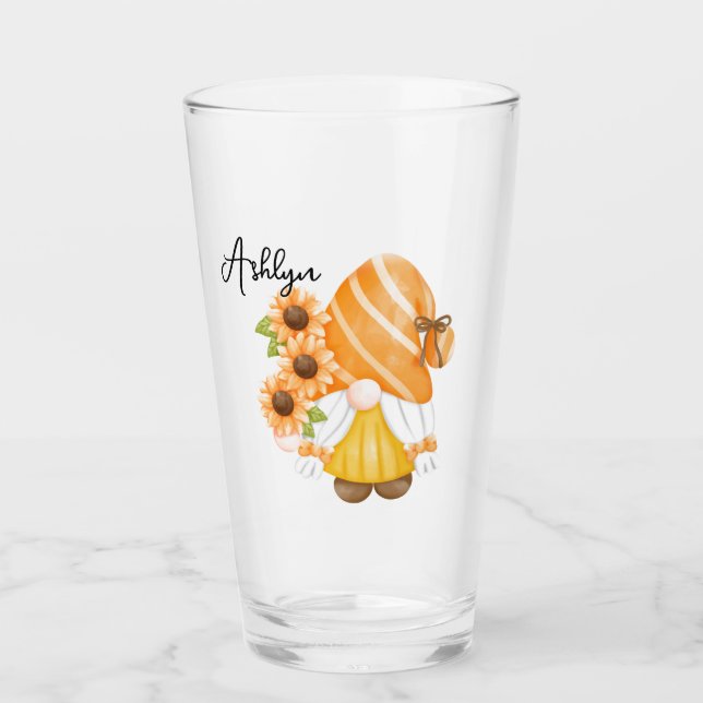 Cute Gnome with Sunflowers Glass (Front)