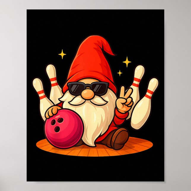 Cute Gnome With Sungles Gnome Playing Bowling Men  Poster (Front)