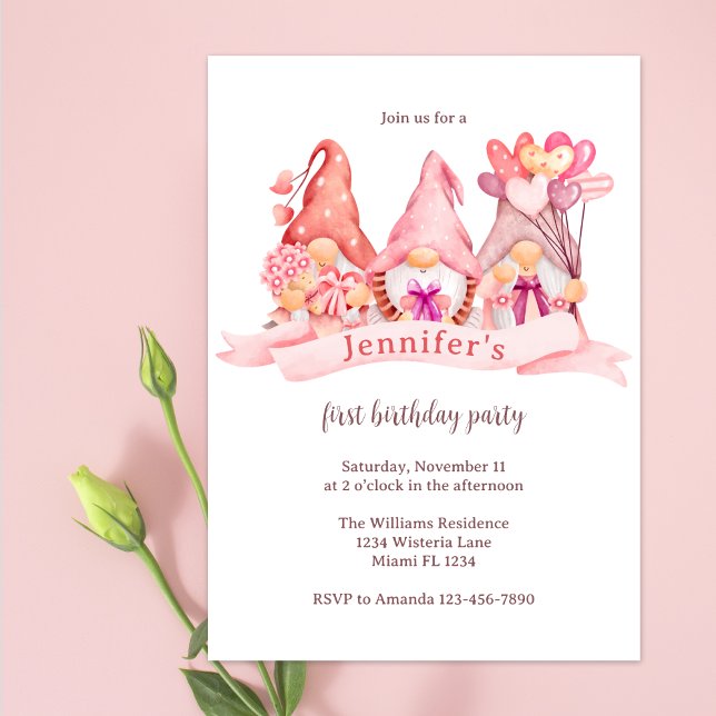 Cute Gnomes Balloons Pink First Birthday Party Invitation (Creator Uploaded)