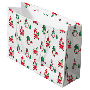 Cute Gnomes Christmas Tree on Vintage Red Car Large Gift Bag