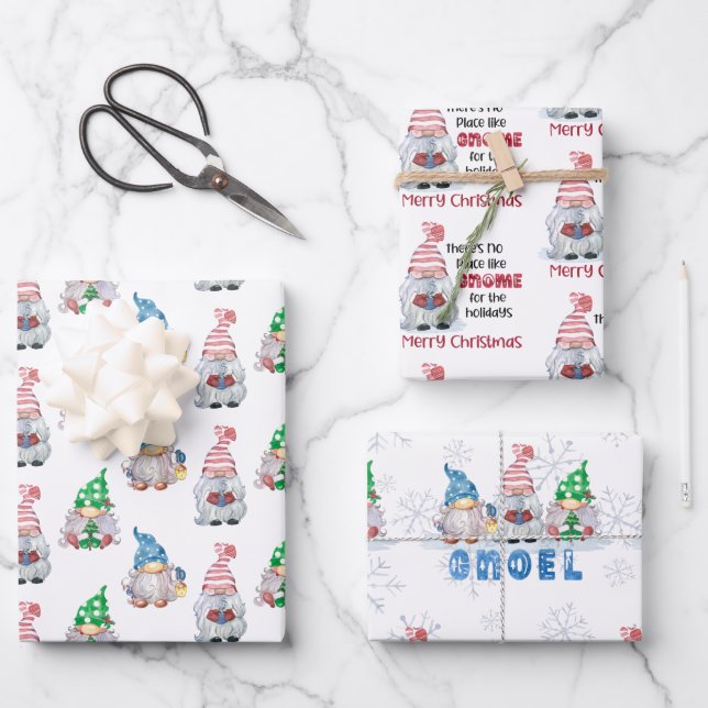 Cute Gnomes Christmas Watercolor Wrapping Paper Sheet (Front)