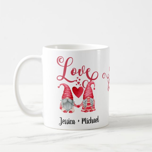 Cute Gnomes Couple Red Hearts Love Typography  Coffee Mug (Left)