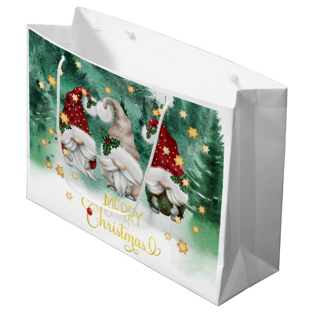 Cute Gnomes Forest Stars Merry Christmas  Large Gift Bag (Front Angled)