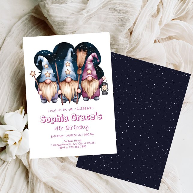 Cute gnomes friends in midnight invitation (Creator Uploaded)