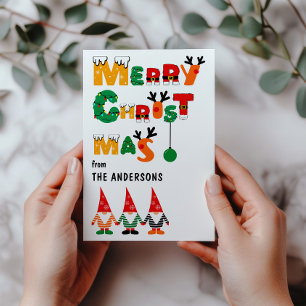 Cute Gnomes Fun Whimsical Fonts Merry Christmas Holiday Card