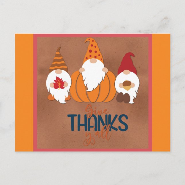 Cute Gnomes Give Thanks Y'all Fall Autumn Postcard (Front)