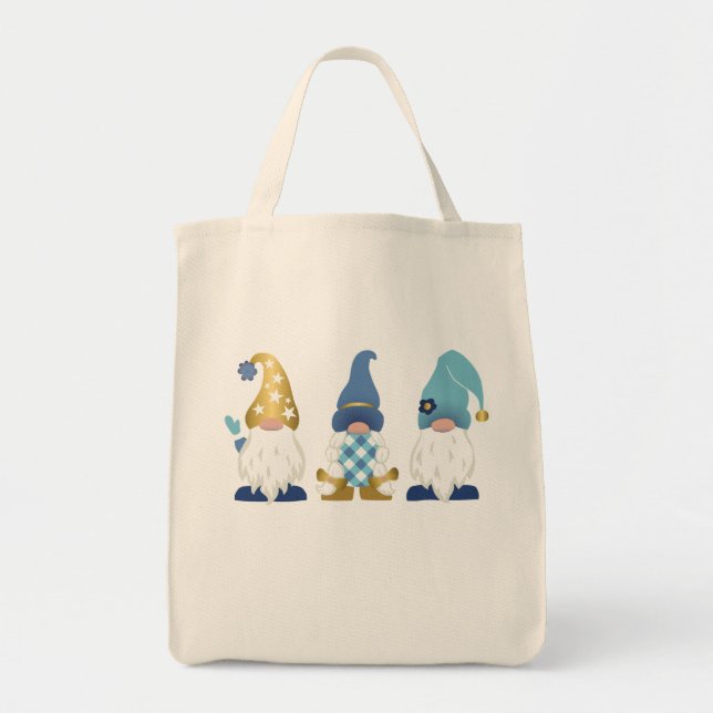 Cute Gnomes Gold Blue White Gingham Tote Bag (Front)