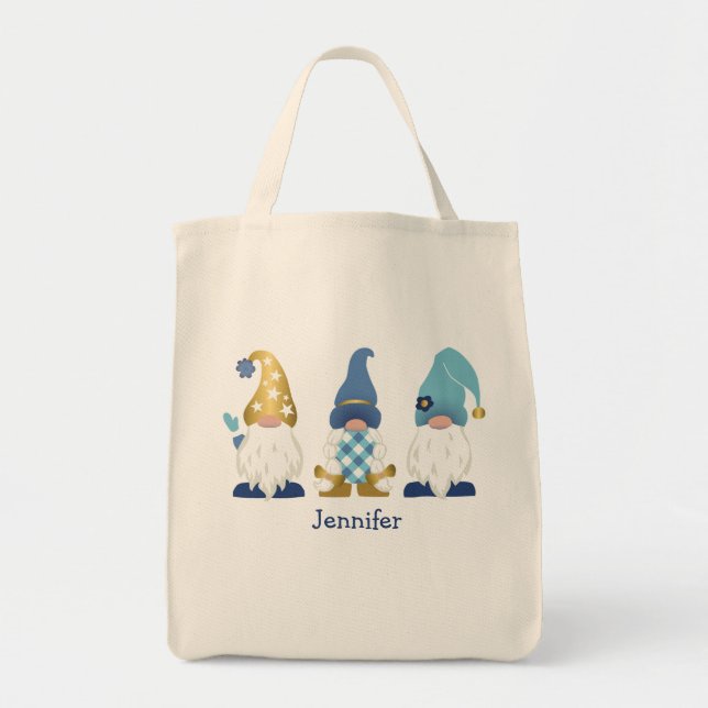 Cute Gnomes Gold Blue White Gingham Tote Bag (Front)