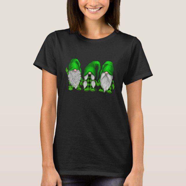 Cute Gnomes Green Irish Buffalo Plaid Happy St Pat T-Shirt (Front)