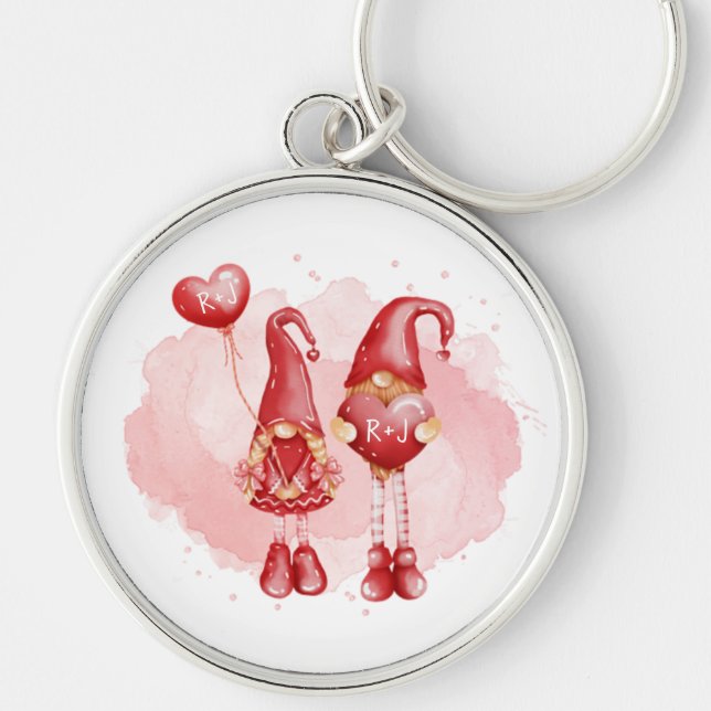 Cute Gnomes Initials Hearts Custom Valentine's Day Key Ring (Front)