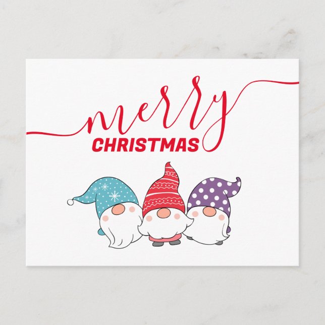 Cute Gnomes Merry Christmas Calligraphy Script  Holiday Postcard (Front)