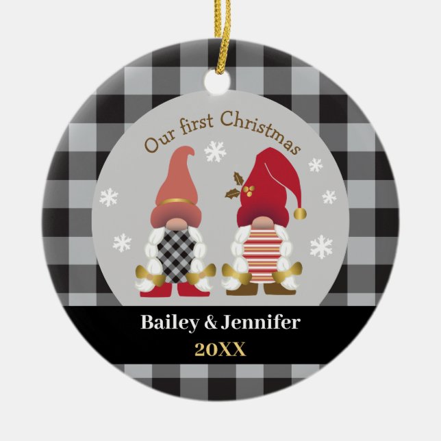 Cute Gnomes Our First Christmas Buffalo Plaid Ceramic Tree Decoration (Front)