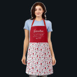 Cute Gnomes Pattern Name Christmas Apron<br><div class="desc">Gnomes, gnomes, gnomes! This fun apron features a pattern of gnomes, trees, and snowflakes in red, white, and grey over a white background. Great for the Christmas holiday or for just a fun winter apron! Three text templates are included for personalisation, making this apron a truly unique gift for the...</div>