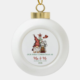 Cute Gnomes Pine Tree Our First Christmas  Ceramic Ball Christmas Ornament