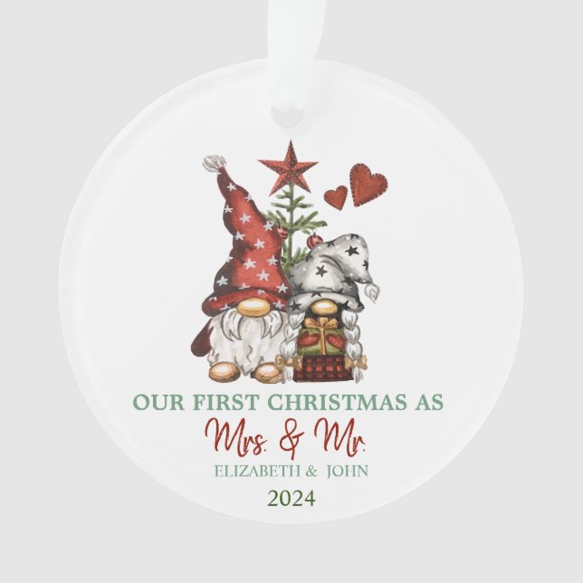 Cute Gnomes Pine Tree Our First Christmas  Ornament (Front)