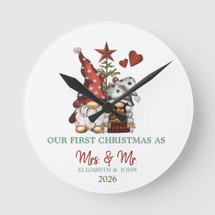 Cute Gnomes Pine Tree Our First Christmas  Round Clock