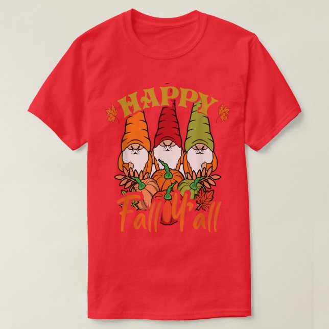 Cute Gnomes Pumpkin Autumn Happy Fall Y'all Thanks T-Shirt (Design Front)