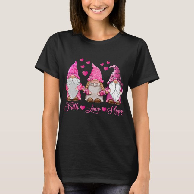 Cute Gnomes Ribbon Never Give Up Breast Cancer T-Shirt (Front)