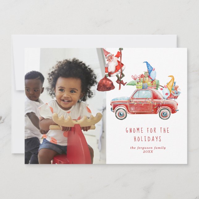 Cute Gnomes & Santa | Holiday Photo Card (Front)