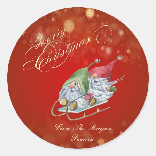 Cute Gnomes Sleigh Christmas Classic Round Sticker (Front)