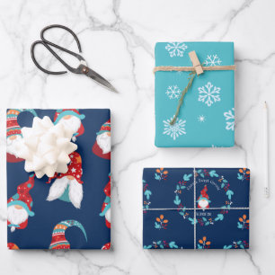 Cute Gnomes Snowflakes Floral Wreath Blue Add Name Wrapping Paper Sheet