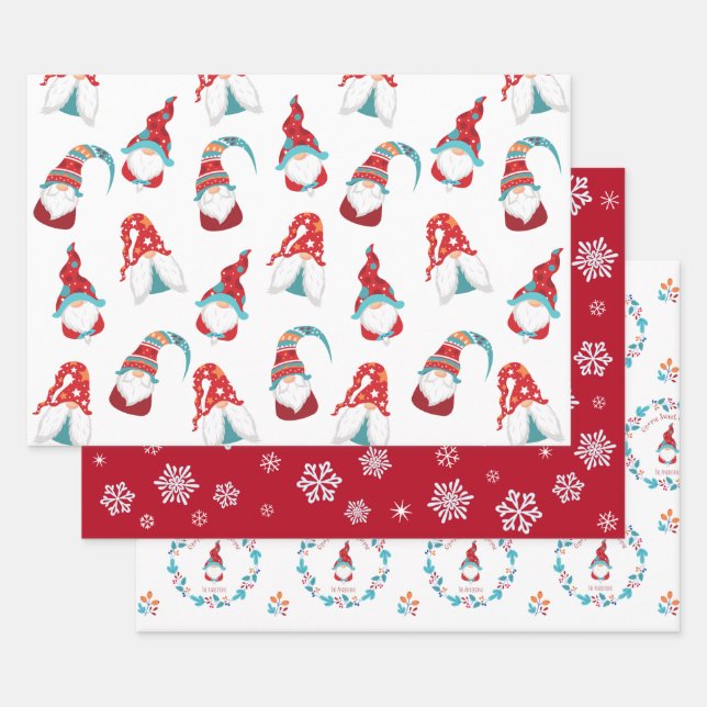 Cute Gnomes Snowflakes Floral Wreath Custom Name Wrapping Paper Sheet (Set)