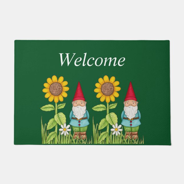 Cute Gnomes Sunflower Garden Floral Nature Elf  Doormat (Front)