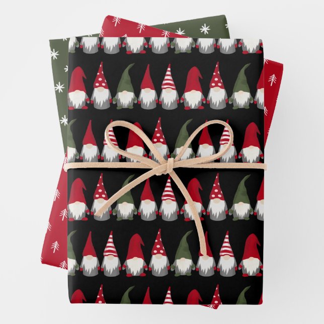 Cute Gnomes Trees and Snowflakes Christmas Wrapping Paper Sheet (In situ)