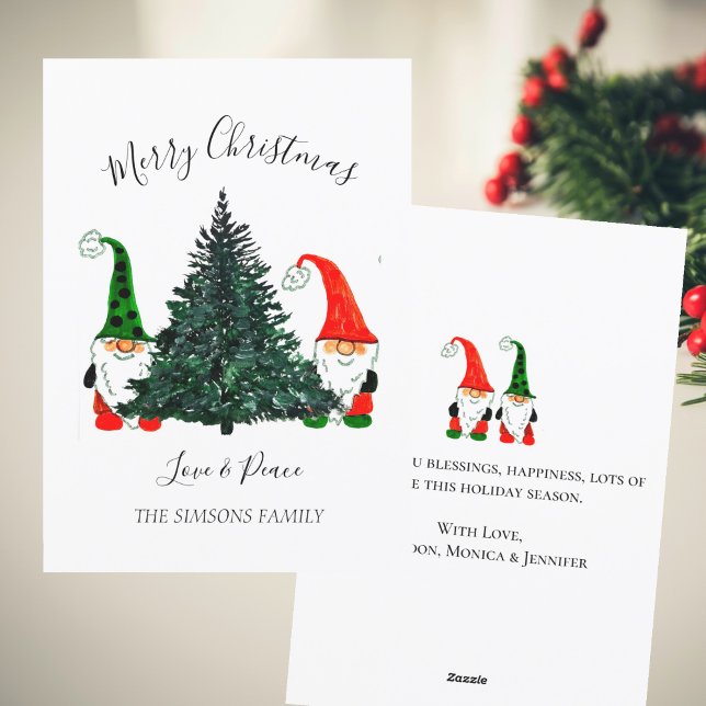 Cute Gnomes Watercolor Merry Christmas Tree Holiday Card (Creator Uploaded)