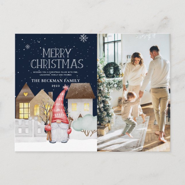 Cute Gnomes Winter Snow Merry Christmas Photo  Holiday Postcard (Front)