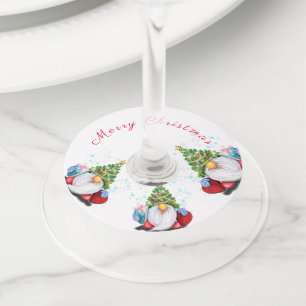 Cute Gnomes with Christmas Tree Hat and Gift - Fun Wine Glass Tag