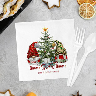 Cute Gnomes with Christmas Tree Holiday Napkin