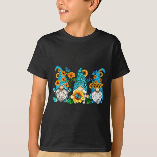 Cute Gnomes With Sunflower Butterfly Gardeners Sum T-Shirt (Front)