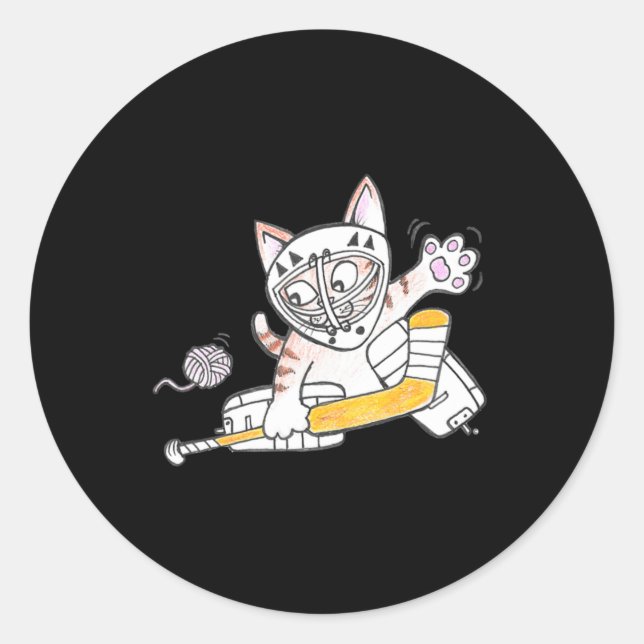 Cute GOALIE Kitten Cat Playing Hockey  Classic Round Sticker (Front)