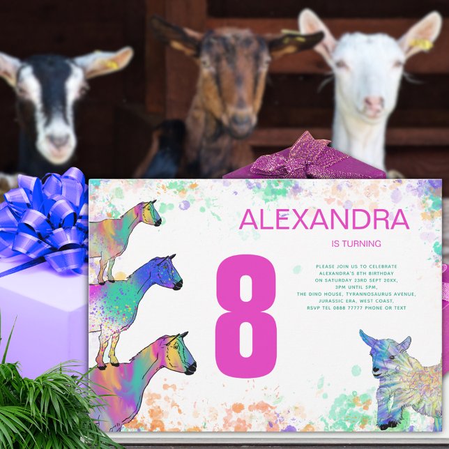 Cute Goat 8th Birthday Party Invitation (Cute goats colorful farm animal art 8th birthday party invitation watercolor splash pink Typography)