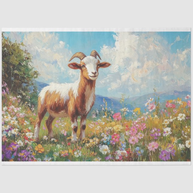 Cute Goat Colourful Wildflower Meadow Decoupage Tissue Paper (Front)