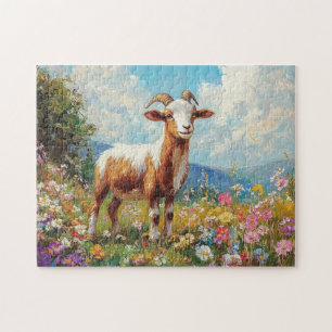 Cute Goat Colourful Wildflower Meadow Jigsaw Puzzle