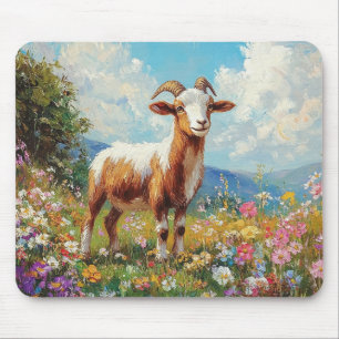 Cute Goat Colourful Wildflower Meadow Mouse Mat