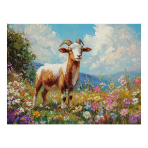 Cute Goat Colourful Wildflower Meadow Poster