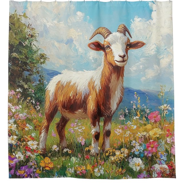 Cute Goat Colourful Wildflower Meadow Shower Curtain (Front)