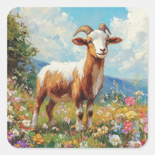 Cute Goat Colourful Wildflower Meadow Square Sticker