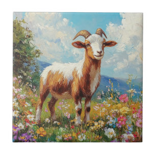 Cute Goat Colourful Wildflower Meadow Tile