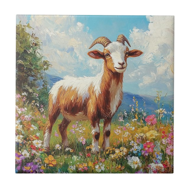 Cute Goat Colourful Wildflower Meadow Tile (Front)