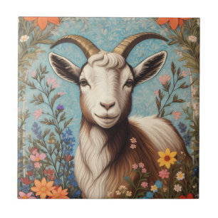 Cute Goat Elegant Colorful Floral Tile