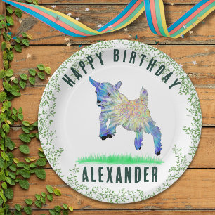 Cute Goat Happy Birthday Party Personalised Name Paper Plate